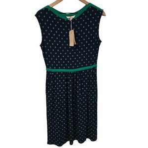 Boden Eleanor Jersey Midi‎ Dress Size US 10 Navy Kelly Green Dot Casual Summer